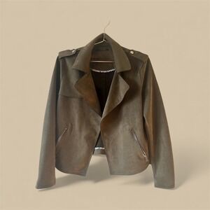 NWOT - Tahari Womens Olive Faux Leather Suede Vegan Moto Jacket Open Front Small